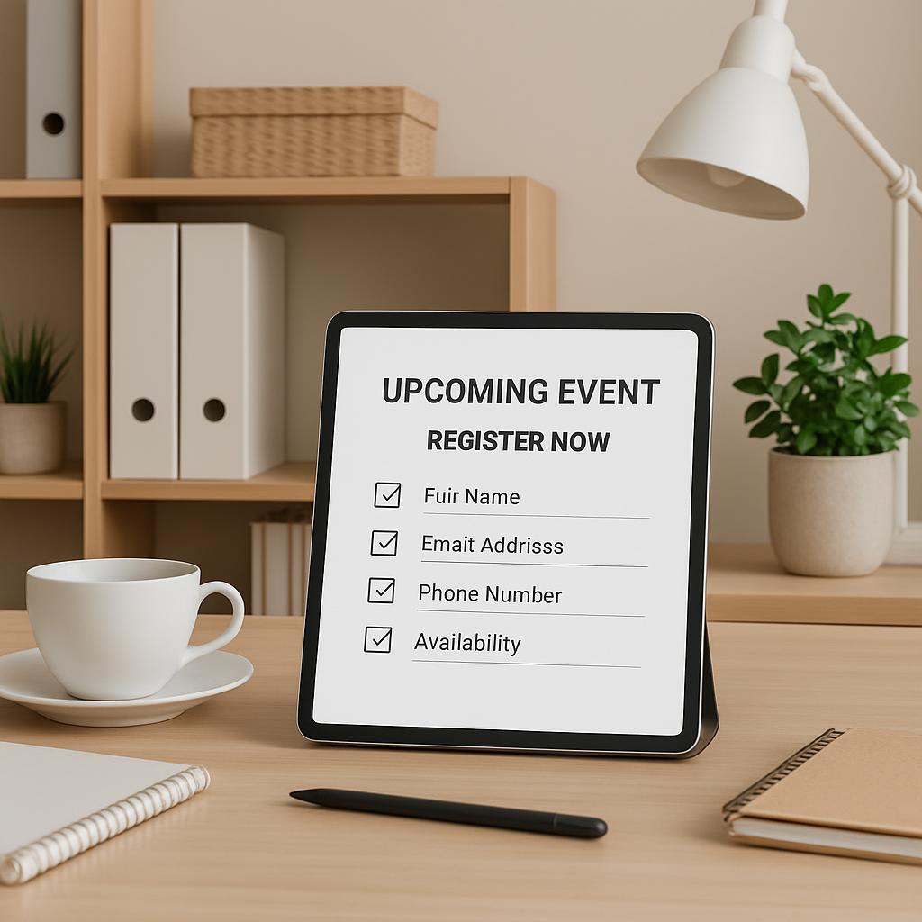 Tablet with an event registration screen displayed.