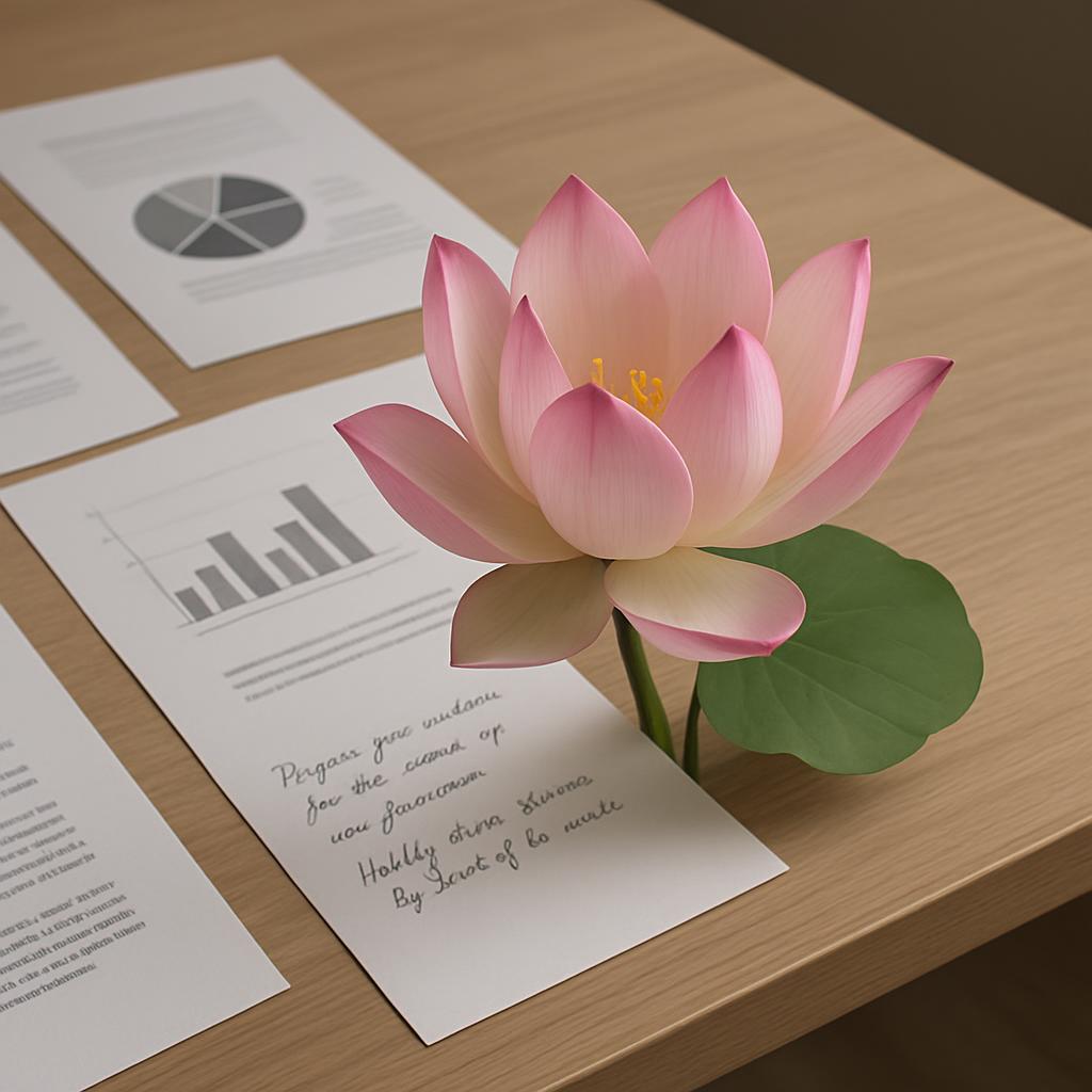 A table with a pink lotus flower and papers. The papers have various charts and graphs, and a handwritten note with a bar ...