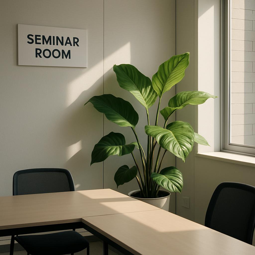A conference room in an office building, with a large plant and sign reading "Seminar Room".