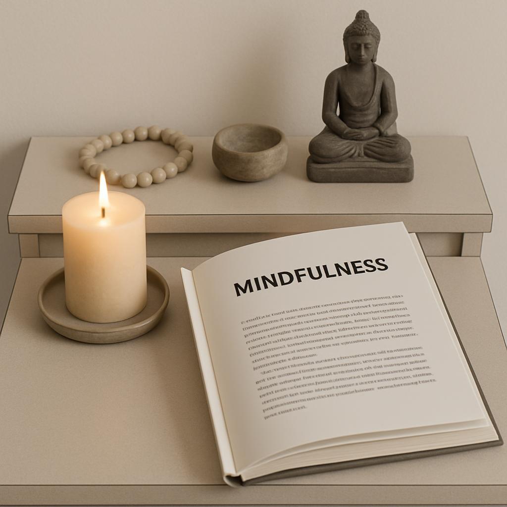 A lit candle, a book with the word "MINDFULNESS", a beaded bracelet, and a statue of Buddha on some table in front of a pl...